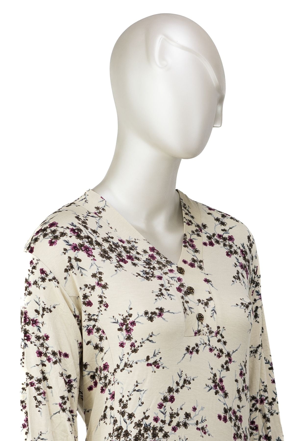 Kadın Viskon Kumaş Klasik Boydan Anne Elbise Şirin Çiçek Desenli Uzun Kol Likralı Tam Kalıp